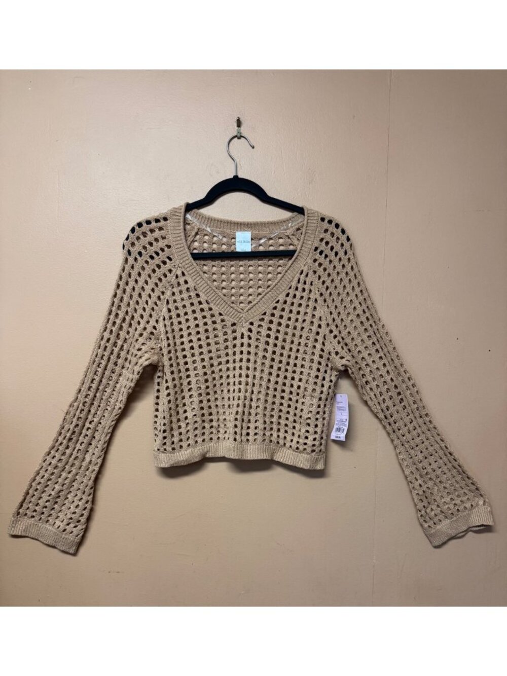Wild Fable Open Knit Fishnet Sweater Beige Tan Crop V Neck Long Sleeve L NWT